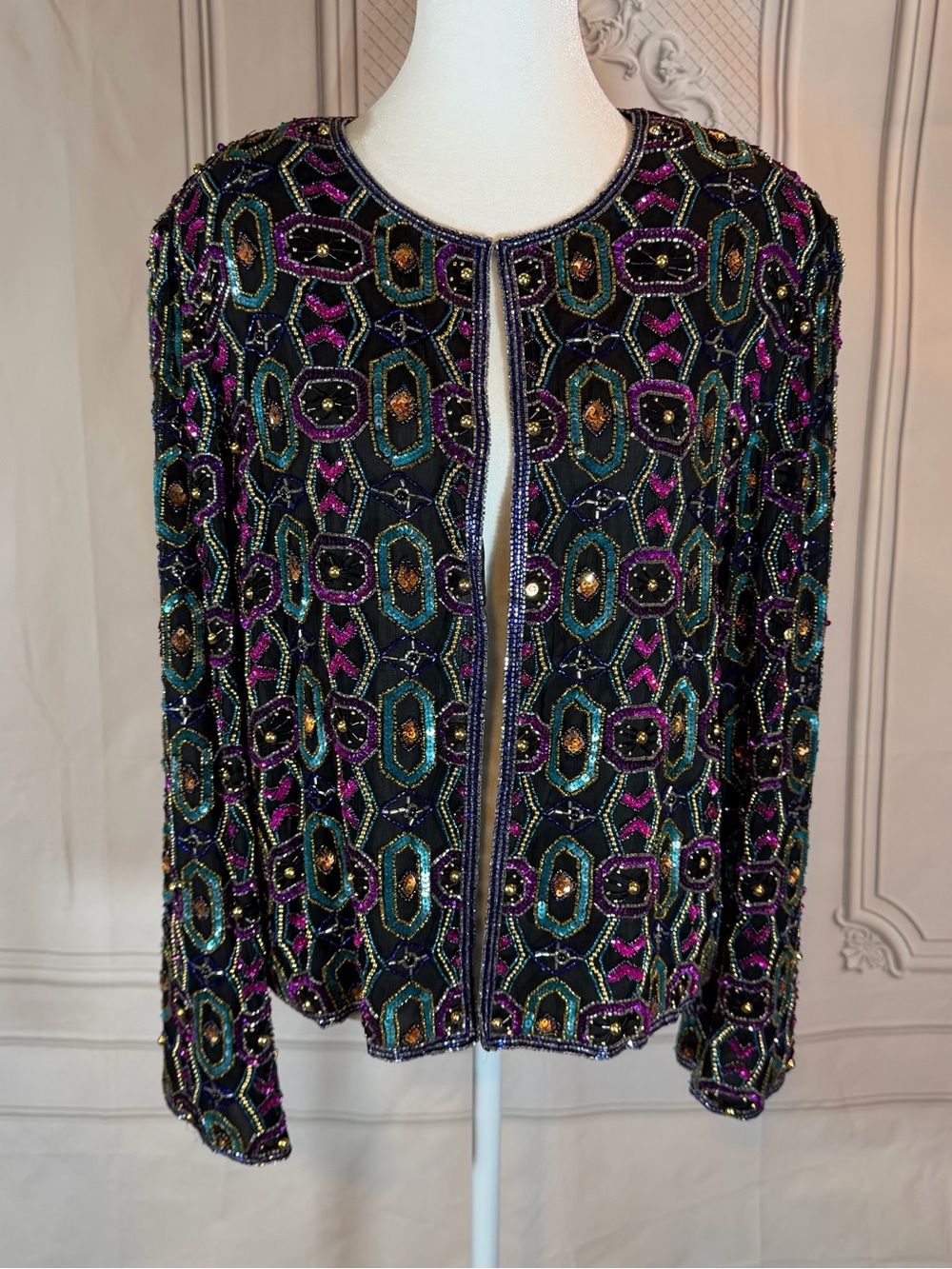 Vintage Papell Boutique Evening Jacket XL Jewel Beaded 100% Silk Glam Maxi 90’s